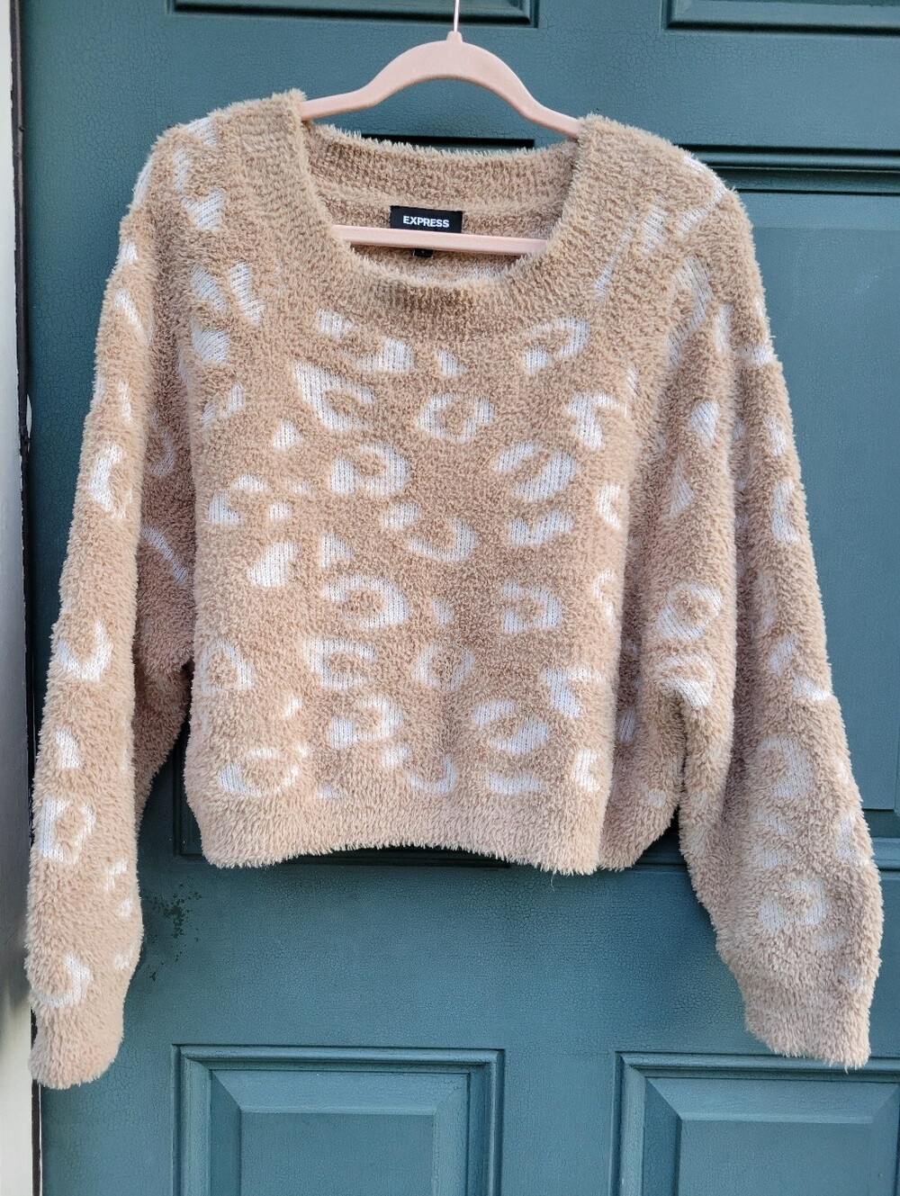 Express Women's Tan & Cream Leopard Fuzzy Crewneck Sweater